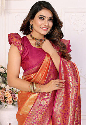 Woven Tissue Silk Saree in Orange