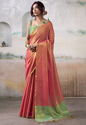 Woven Tissue Silk Saree in Peach and Golden