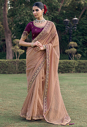 Woven Tissue Silk Saree in Peach