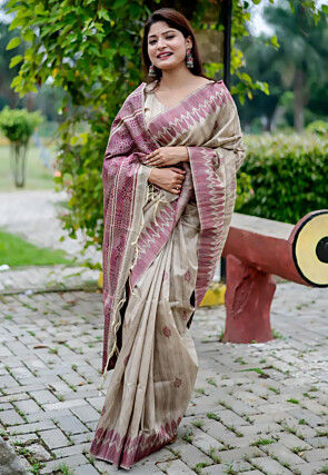 Woven Tussar Silk Saree in Beige