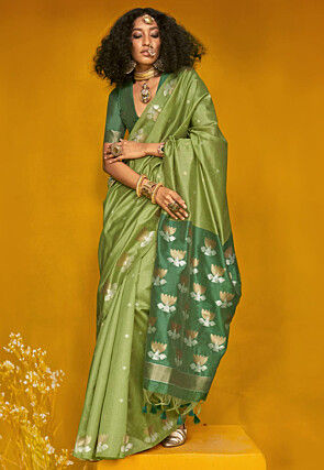 Woven Tussar Silk Saree in Light Green