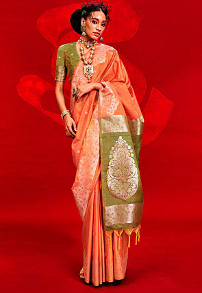 Woven Tussar Silk Saree in Orange
