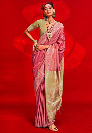Woven Tussar Silk Saree in Pink