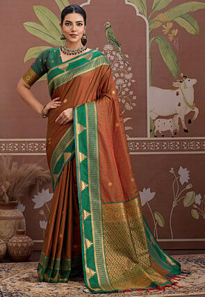 Woven Tussar Silk Saree in Rust