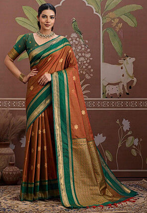 Woven Tussar Silk Saree in Rust