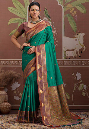 Woven Tussar Silk Saree in Teal Green