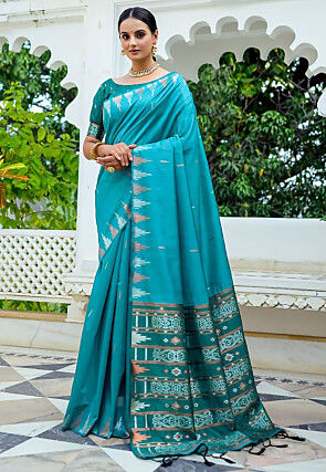 Woven Tussar Silk Saree in Turquoise