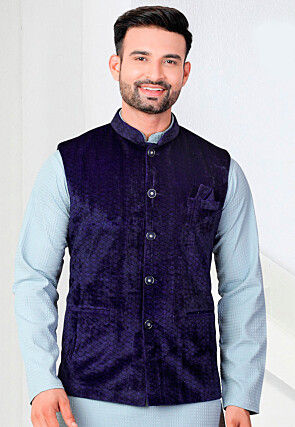 Woven Velvet Jacquard Nehru Jacket in Navy Blue