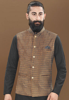 Woven Velvet Nehru Jacket in Golden and Black