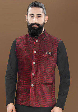 Woven Velvet Nehru Jacket in Maroon