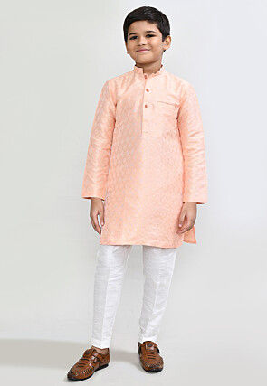 Woven Viscose Cotton Jacquard Kurta Set in Peach
