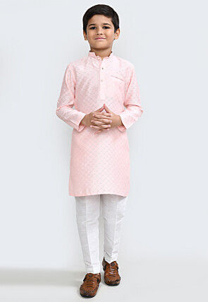 Woven Viscose Cotton Jacquard Kurta Set in Peach