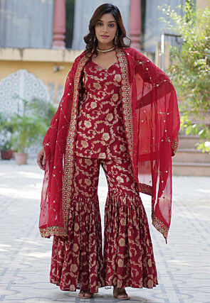 Woven Viscose Georgette Jacquard Pakistani Suit in Maroon