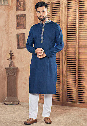 Woven Viscose Jacquard Kurta Set in Navy Blue