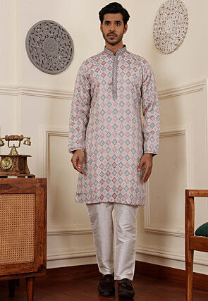Woven Viscose Jacquard Kurta Set in Peach
