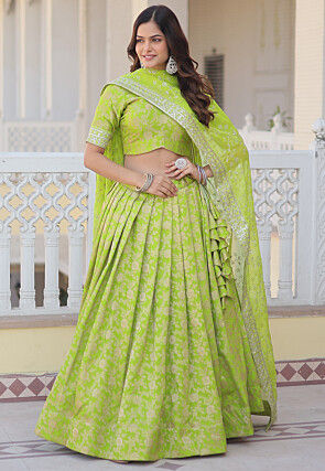Woven Viscose Jacquard Lehenga in Light Green