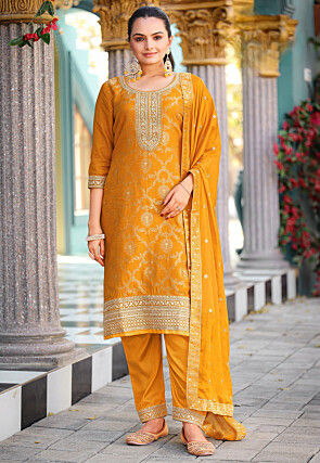Woven Art Chinon Silk Jacquard Pakistani Suit in Mustard