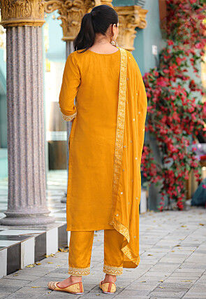 Woven Art Chinon Silk Jacquard Pakistani Suit in Mustard