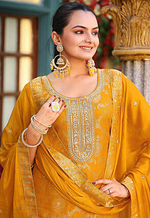 Woven Art Chinon Silk Jacquard Pakistani Suit in Mustard