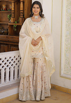 Woven Viscose Jacquard Pakistani Suit in Off White