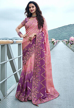 Woven Viscose Organza Scalloped Saree in Baby Pink and Purple