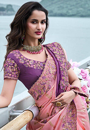 Woven Viscose Organza Scalloped Saree in Baby Pink and Purple