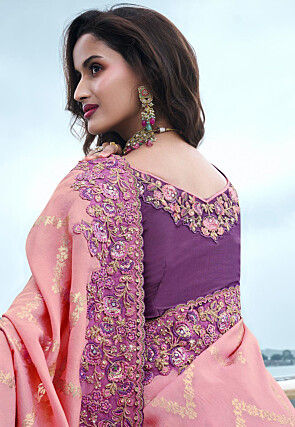 Woven Viscose Organza Scalloped Saree in Baby Pink and Purple