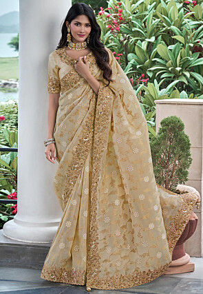 Woven Viscose Organza Scalloped Saree in Beige