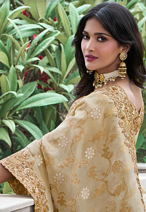 Woven Viscose Organza Scalloped Saree in Beige