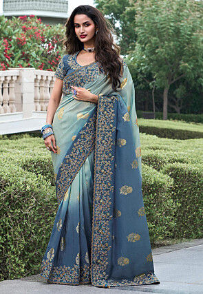 Woven Viscose Organza Scalloped Saree in Dusty Blue