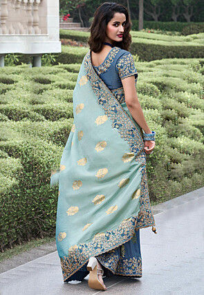 Woven Viscose Organza Scalloped Saree in Dusty Blue