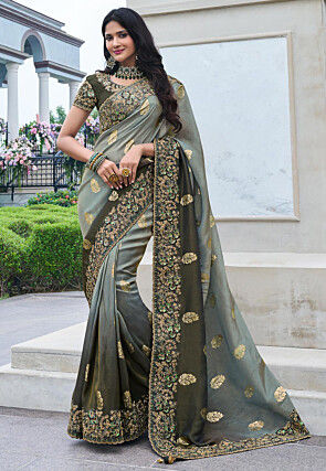 Woven Viscose Organza Scalloped Saree in Grey
