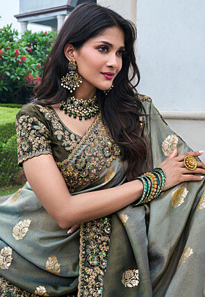 Woven Viscose Organza Scalloped Saree in Grey