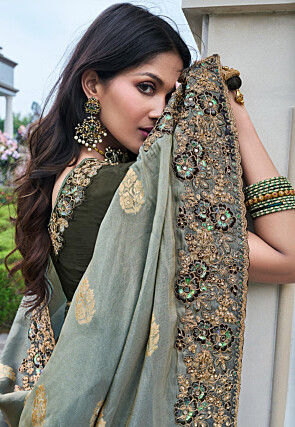 Woven Viscose Organza Scalloped Saree in Grey