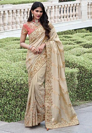 Woven Viscose Organza Scalloped Saree in Off White