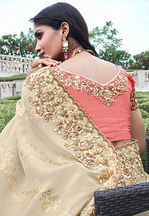 Woven Viscose Organza Scalloped Saree in Off White