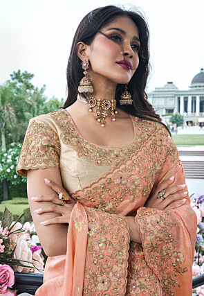 Woven Viscose Organza Scalloped Saree in Peach