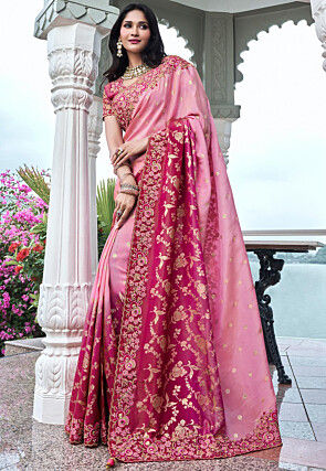 Woven Viscose Organza Scalloped Saree in Pink and Dark Pink