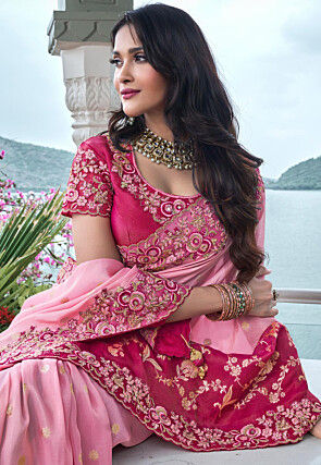 Woven Viscose Organza Scalloped Saree in Pink and Dark Pink