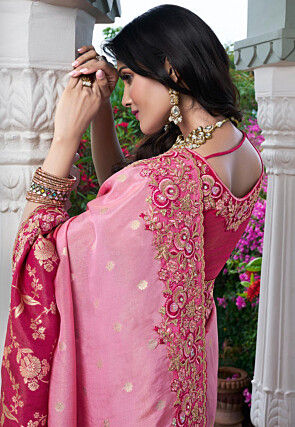 Woven Viscose Organza Scalloped Saree in Pink and Dark Pink