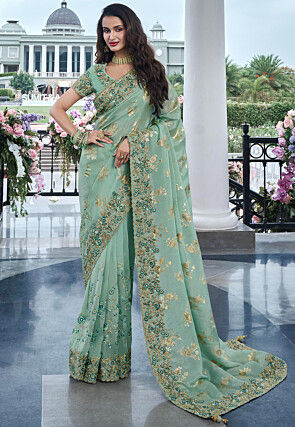 Woven Viscose Organza Scalloped Saree in Sea Green