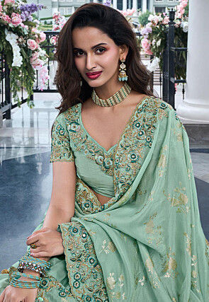 Woven Viscose Organza Scalloped Saree in Sea Green