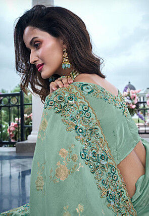 Woven Viscose Organza Scalloped Saree in Sea Green