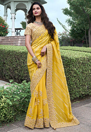 Woven Viscose Organza Scalloped Saree in Yellow