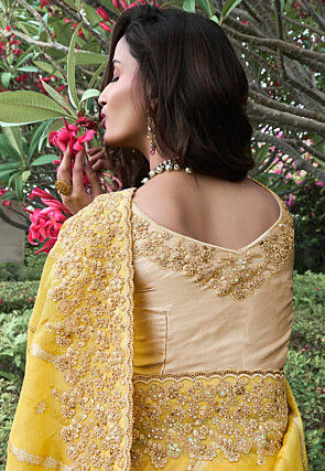 Woven Viscose Organza Scalloped Saree in Yellow