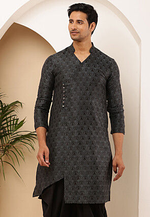 Woven Viscose Rayon Asymmetric Kurta in Charcoal Black