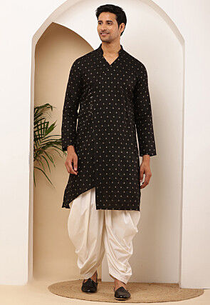 Woven Viscose Rayon Asymmetric Kurta Set in Black