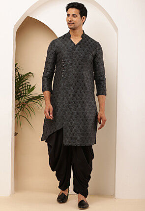 Woven Viscose Rayon Asymmetric Kurta Set in Charcoal Black
