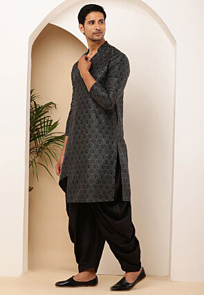 Woven Viscose Rayon Asymmetric Kurta Set in Charcoal Black