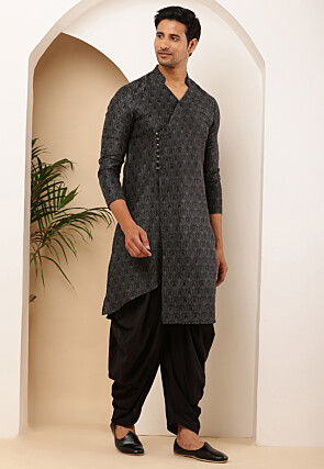 Woven Viscose Rayon Asymmetric Kurta Set in Charcoal Black